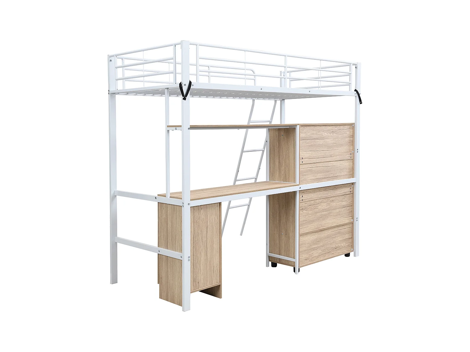 Łóżko antresolowe 90x200 cm - z biurkiem i półkami - z szafą - bezpieczna drabinka 4-stopniowa - Metal+MDF - Biały + Naturalny (bez materaca)