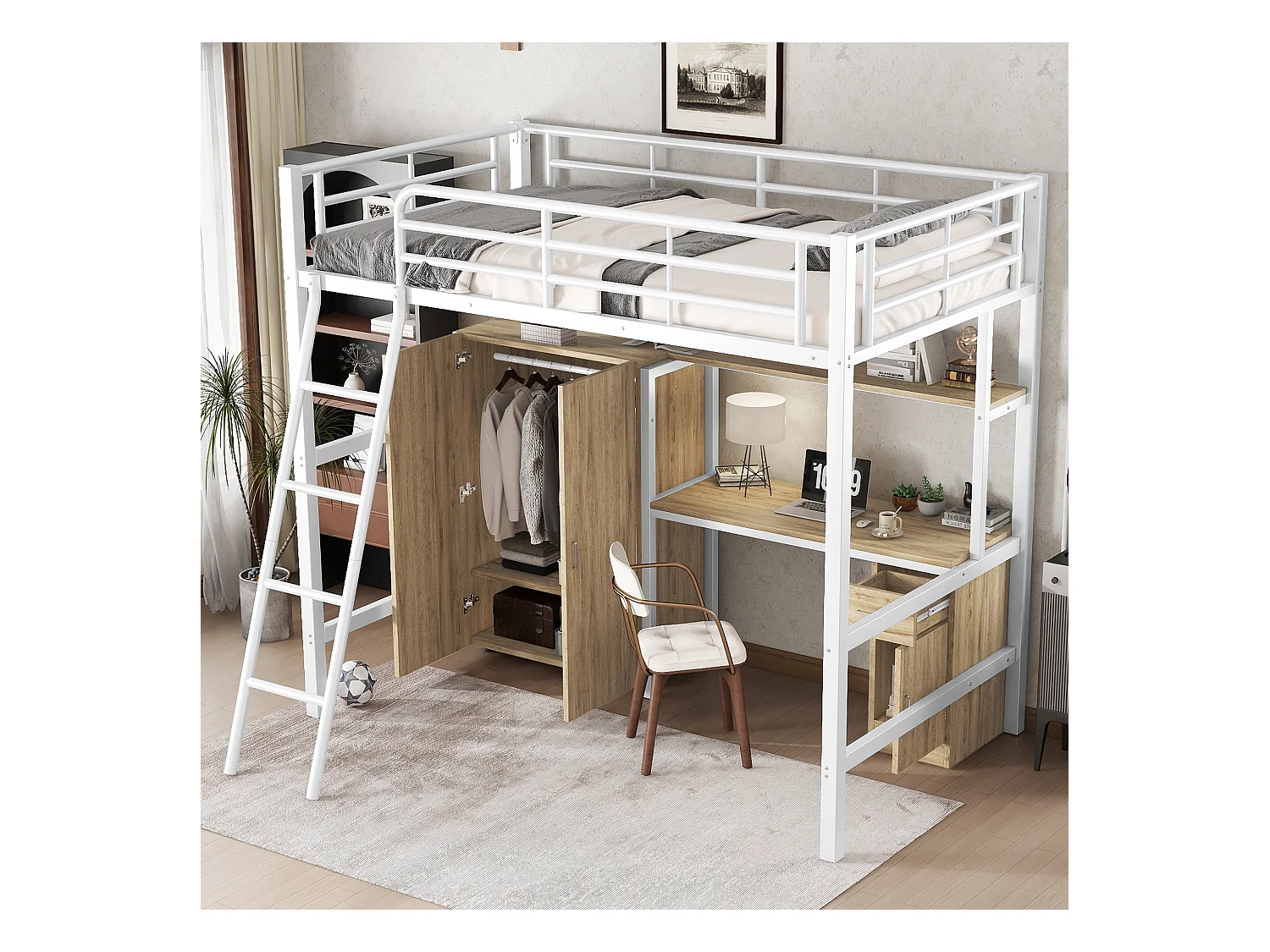 Lit mezzanine 90x200 cm - avec bureau et étagères - avec garde-robe - échelle de sécurité 4 marches - Métal+MDF - Blanc + Naturel(sans matelas)