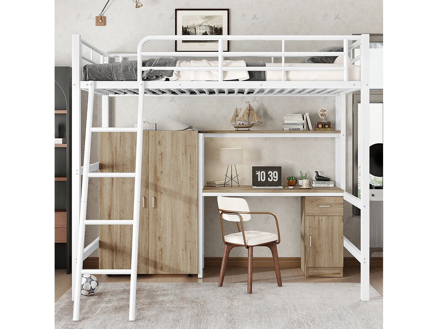 Lit mezzanine 90x200 cm - avec bureau et étagères - avec garde-robe - échelle de sécurité 4 marches - Métal+MDF - Blanc + Naturel(sans matelas)