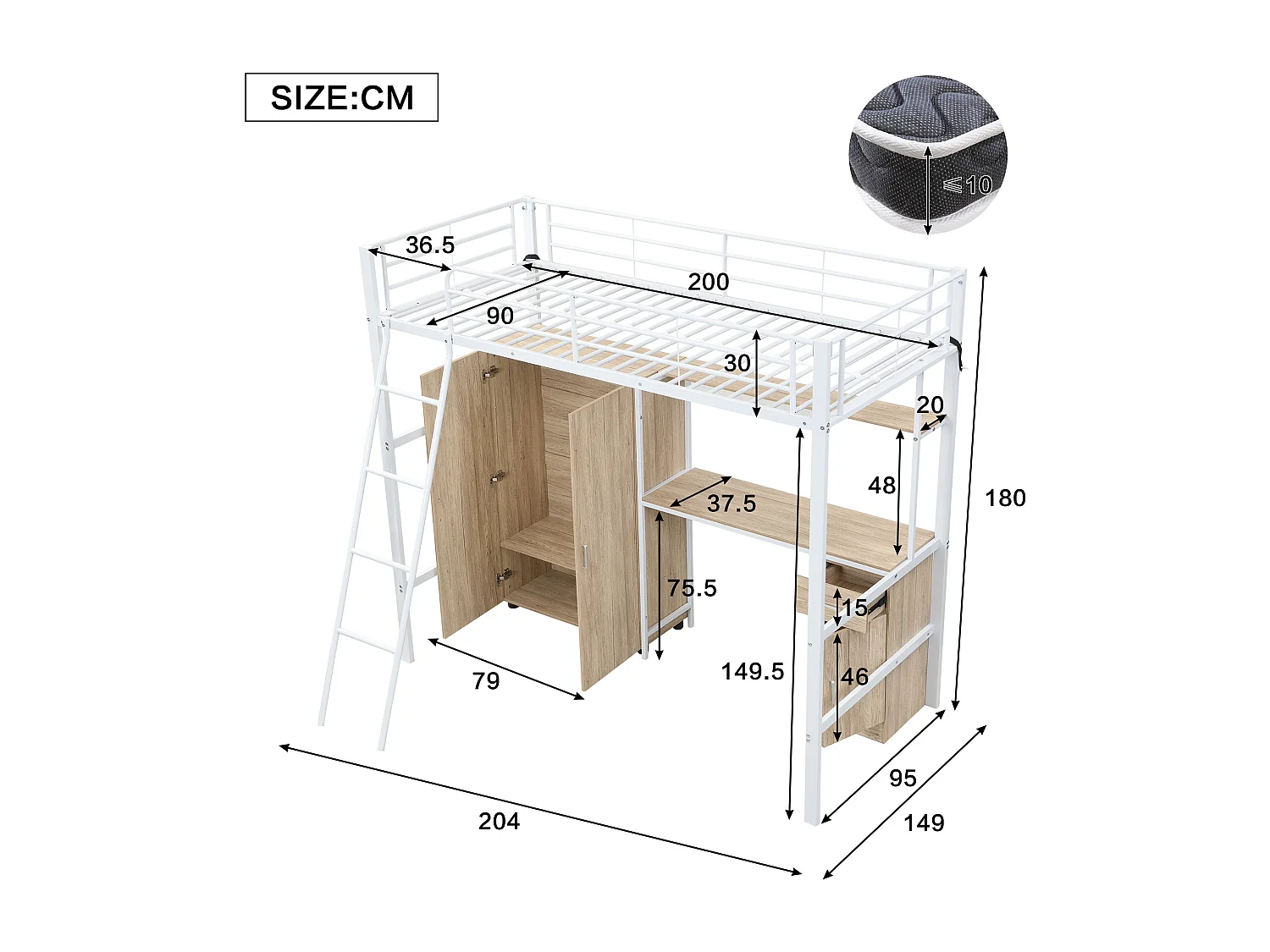 Lit mezzanine 90x200 cm - avec bureau et étagères - avec garde-robe - échelle de sécurité 4 marches - Métal+MDF - Blanc + Naturel(sans matelas)