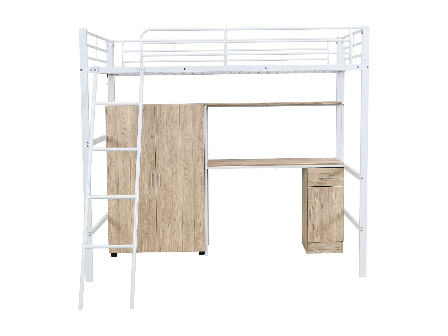 Lit mezzanine 90x200 cm - avec bureau et étagères - avec garde-robe - échelle de sécurité 4 marches - Métal+MDF - Blanc + Naturel(sans matelas)