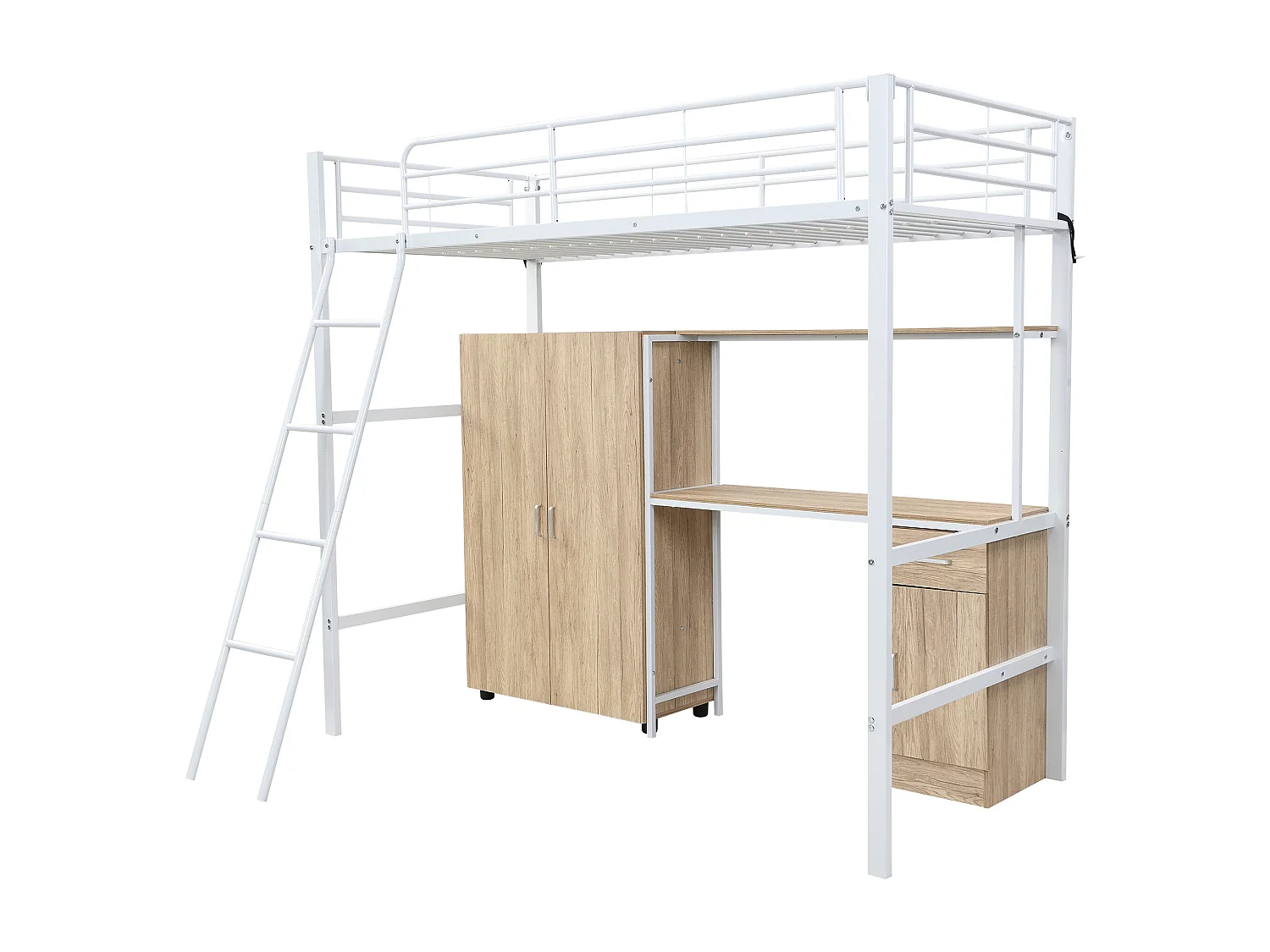 Lit mezzanine 90x200 cm - avec bureau et étagères - avec garde-robe - échelle de sécurité 4 marches - Métal+MDF - Blanc + Naturel(sans matelas)