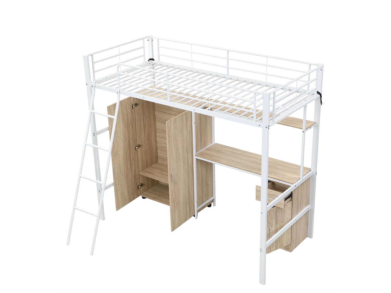 Lit mezzanine 90x200 cm - avec bureau et étagères - avec garde-robe - échelle de sécurité 4 marches - Métal+MDF - Blanc + Naturel(sans matelas)