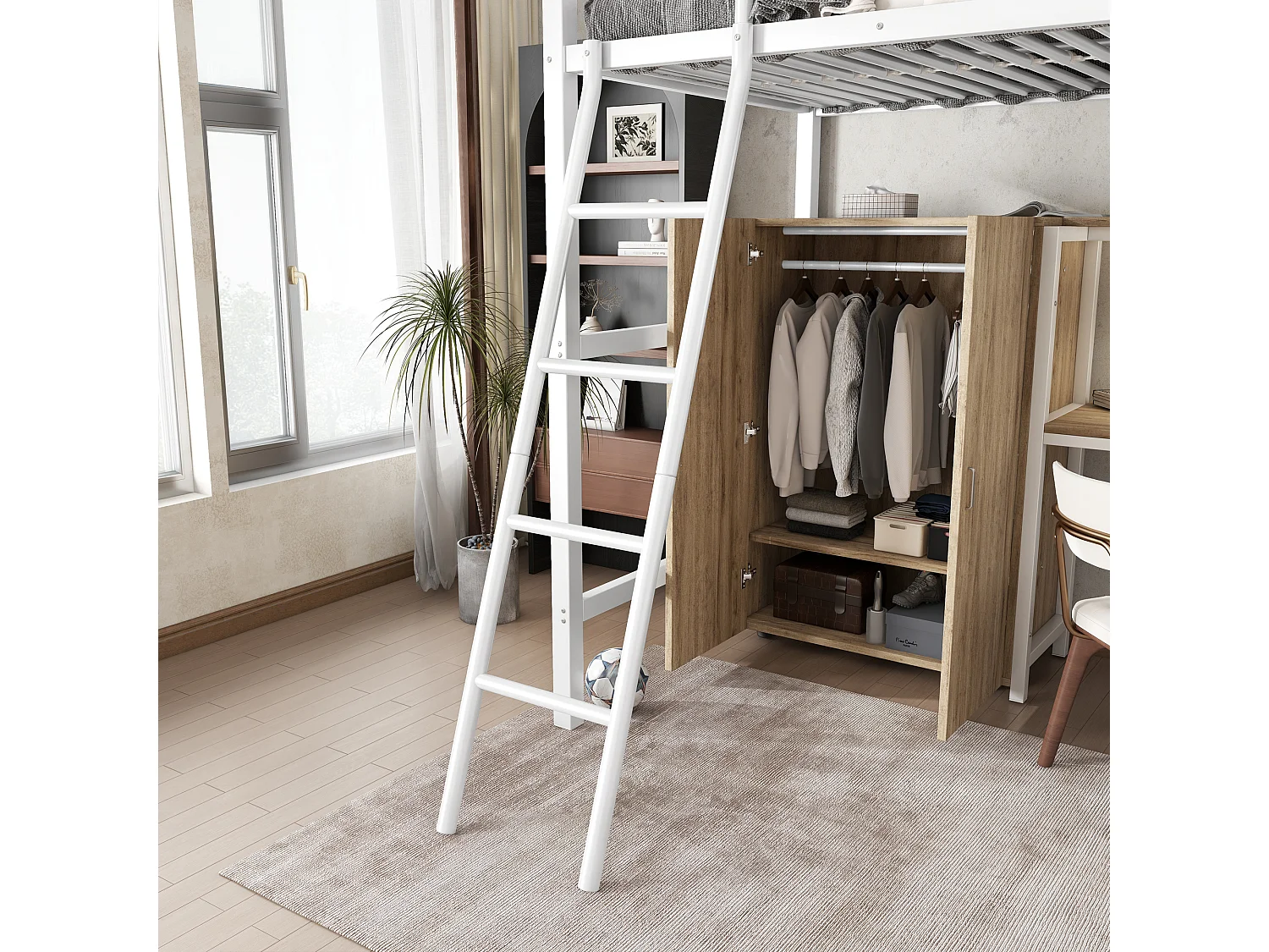 Lit mezzanine 90x200 cm - avec bureau et étagères - avec garde-robe - échelle de sécurité 4 marches - Métal+MDF - Blanc + Naturel(sans matelas)