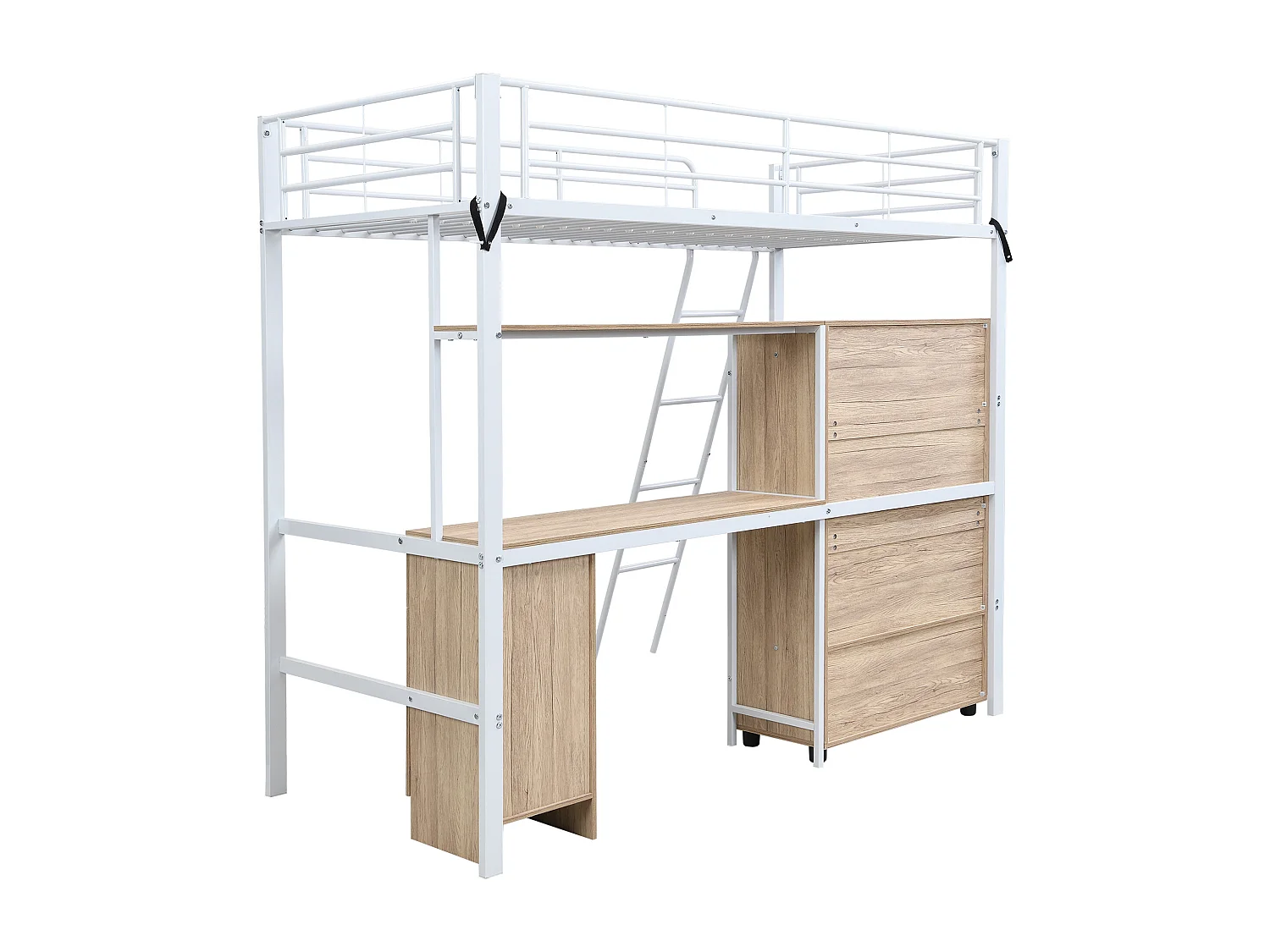 Lit mezzanine 90x200 cm - avec bureau et étagères - avec garde-robe - échelle de sécurité 4 marches - Métal+MDF - Blanc + Naturel(sans matelas)