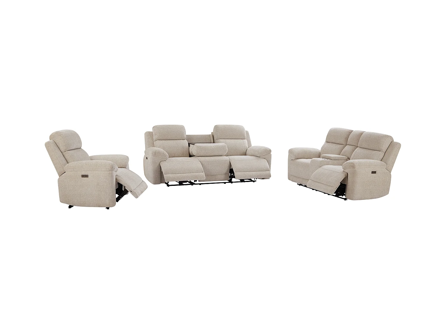 3-seters sofa, 2-seters sofa og elektrisk relax-lenestol i beige melert stoff KELUNO