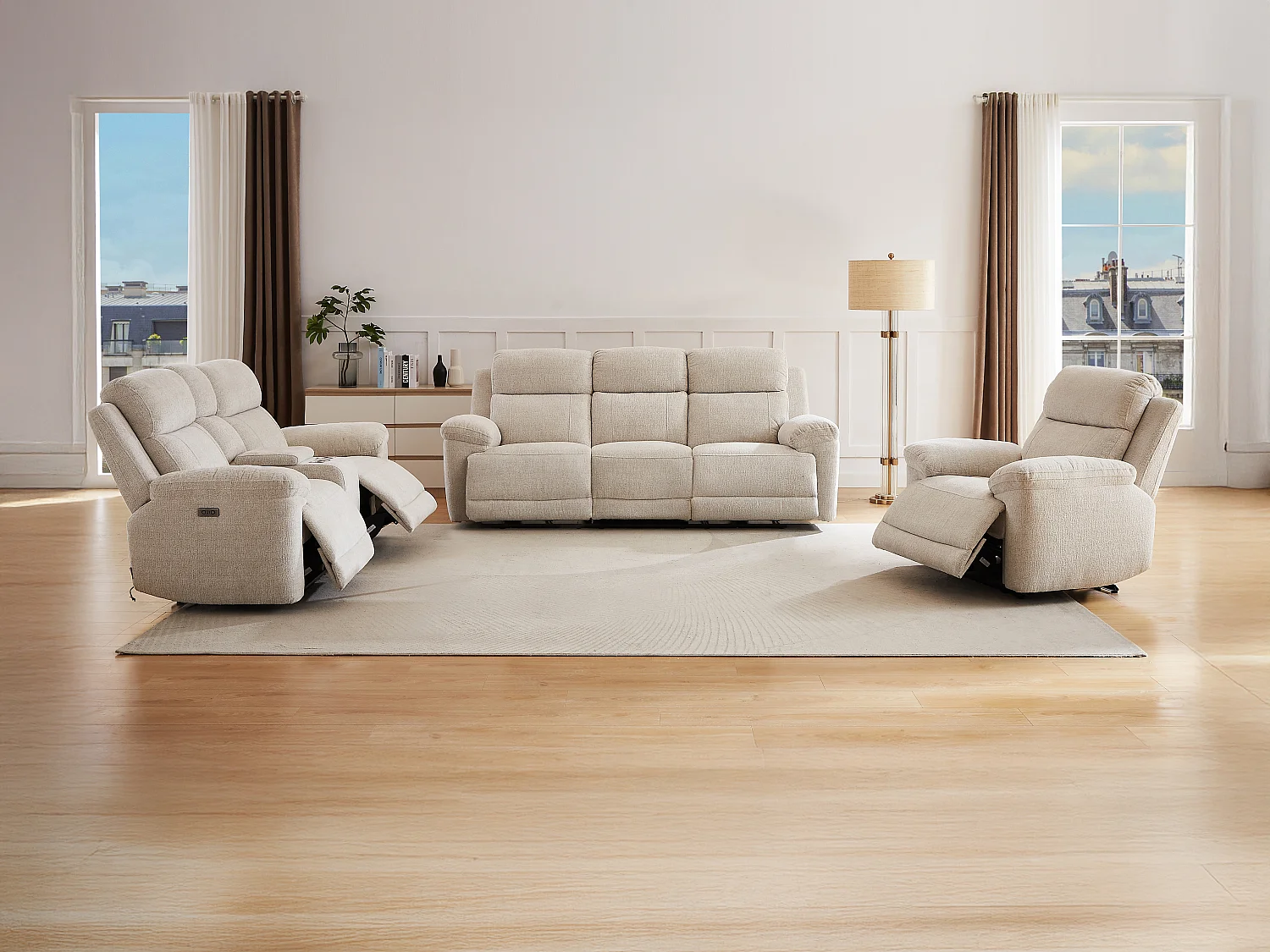 3-seters sofa, 2-seters sofa og elektrisk relax-lenestol i beige melert stoff KELUNO