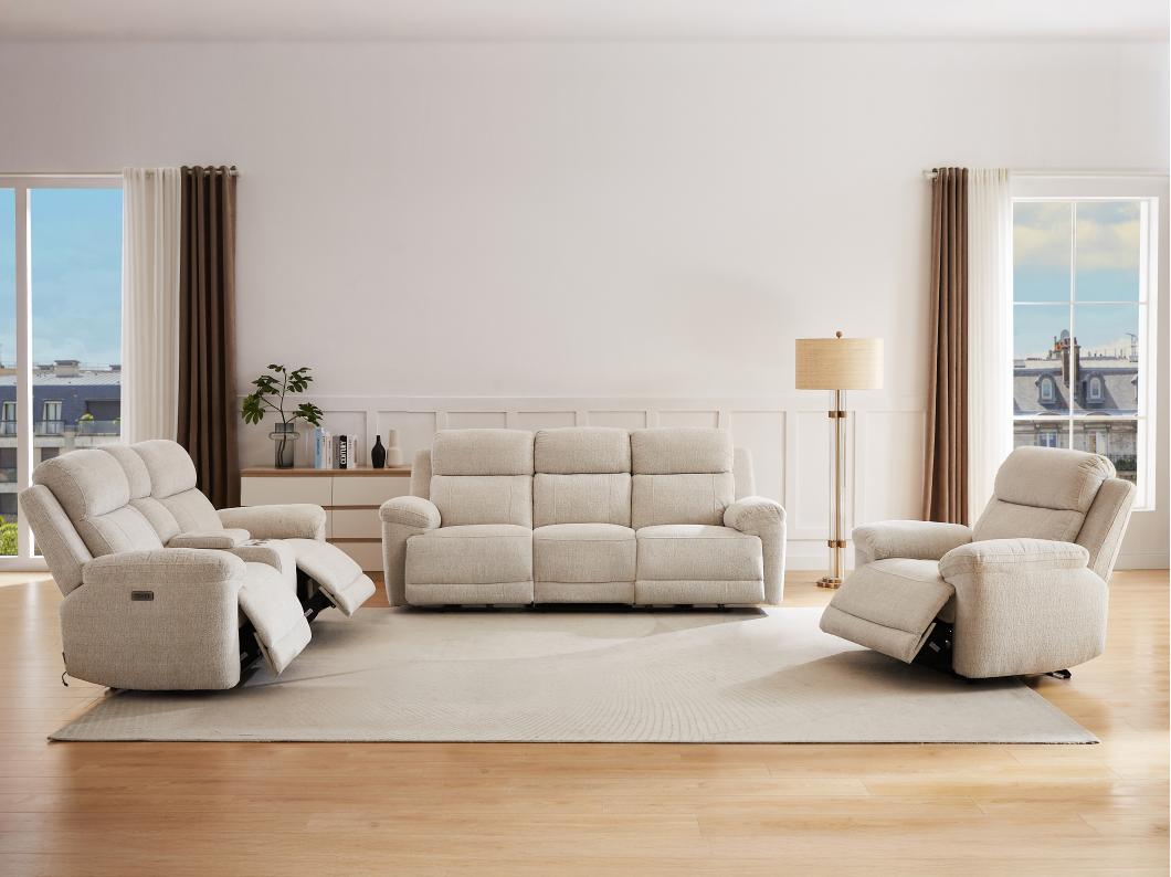 Canapés 3 places 2 places et un fauteuil relax électrique en tissu chiné beige KELUNO