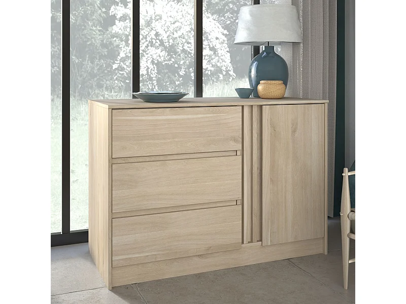 Commode 3 tiroirs 1 porte bois naturel CLEM - CLEM