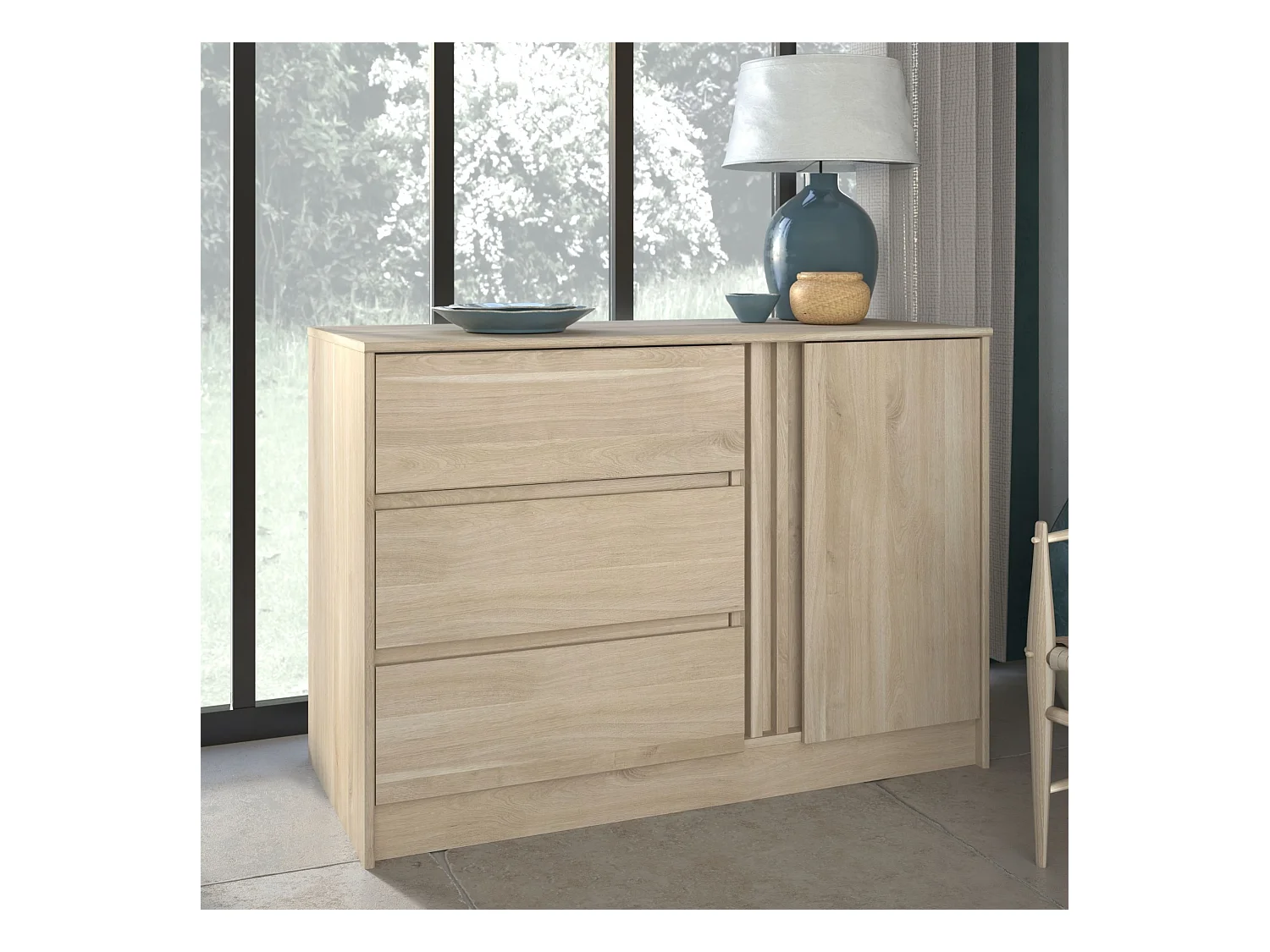 Commode 3 tiroirs 1 porte bois naturel CLEM - CLEM