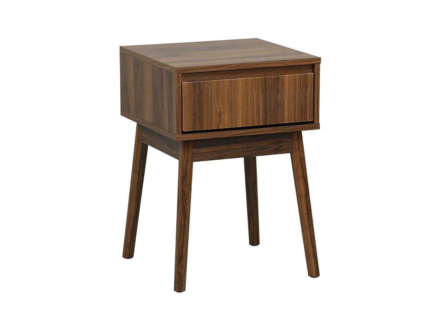 Table de chevet avec un tiroir. Panneaux stratifiés couleur noyer. Pied en bois de sapin.  L 39 x l 39 x H 55.4cm LINEAR