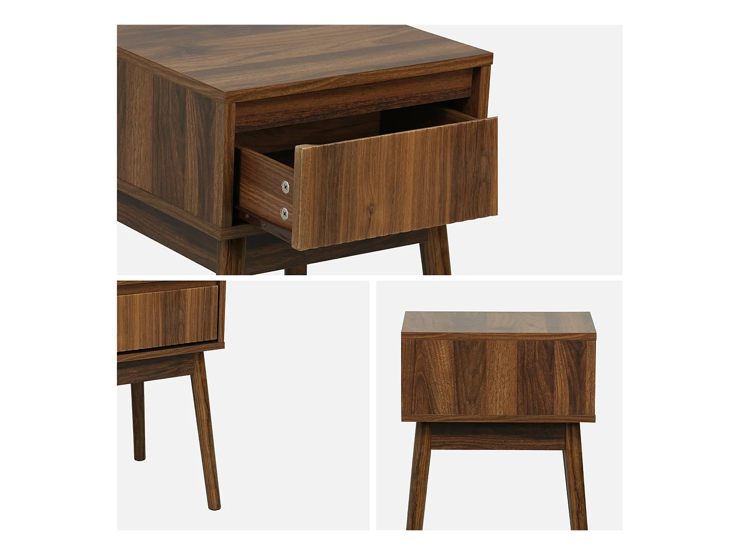 Table de chevet avec un tiroir. Panneaux stratifiés couleur noyer. Pied en bois de sapin.  L 39 x l 39 x H 55.4cm LINEAR