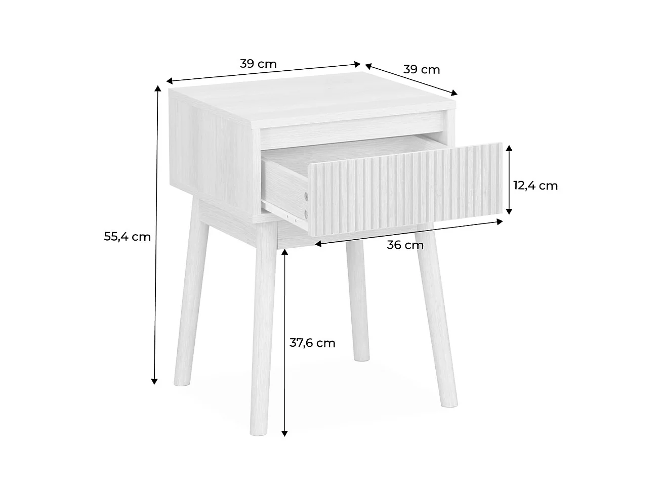 Table de chevet avec un tiroir. Panneaux stratifiés couleur noyer. Pied en bois de sapin.  L 39 x l 39 x H 55.4cm LINEAR