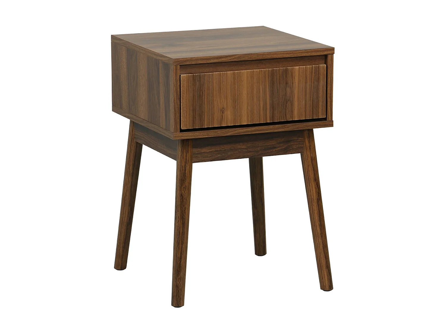 Table de chevet avec un tiroir. Panneaux stratifiés couleur noyer. Pied en bois de sapin.  L 39 x l 39 x H 55.4cm LINEAR