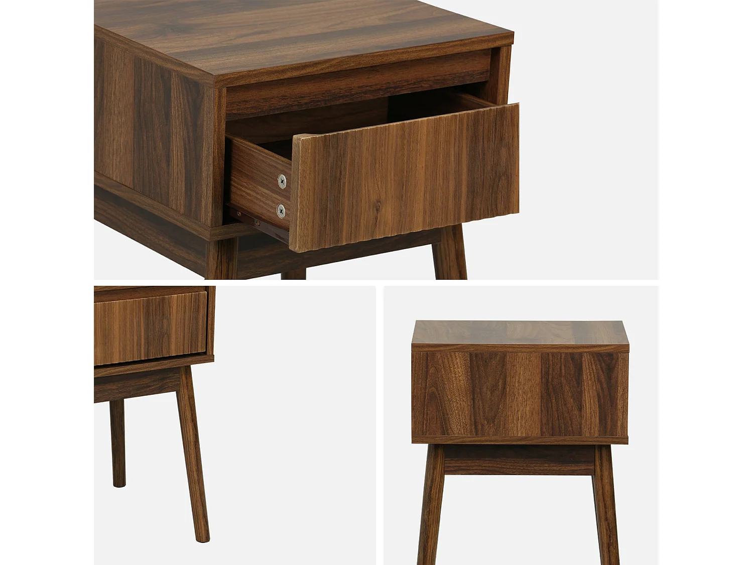 Lot de 2 tables de chevet avec un tiroir. Panneaux stratifiés couleur noyer. Pied en bois de sapin.  L 39 x 39 x H 55.4cm LINEAR