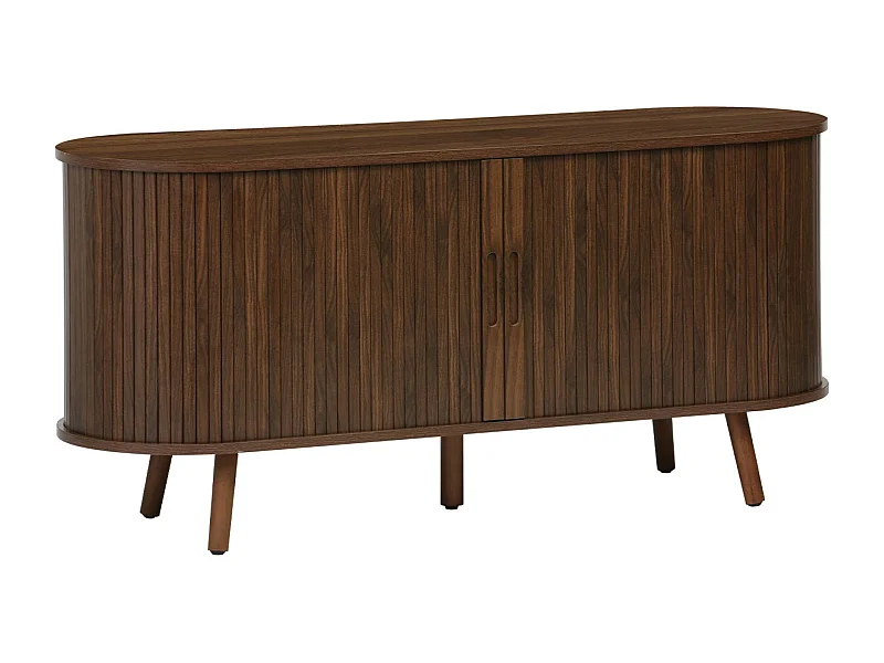 Meuble TV scandinave 2 portes coulissantes. 4 compartiments. décor bois rainuré noyer. L120 x 40 x 57 cm