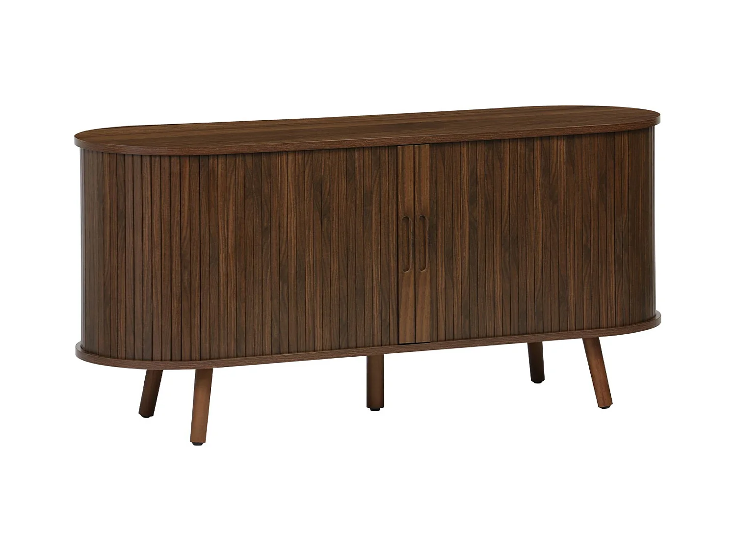 Meuble TV scandinave 2 portes coulissantes. 4 compartiments. décor bois rainuré noyer. L120 x 40 x 57 cm