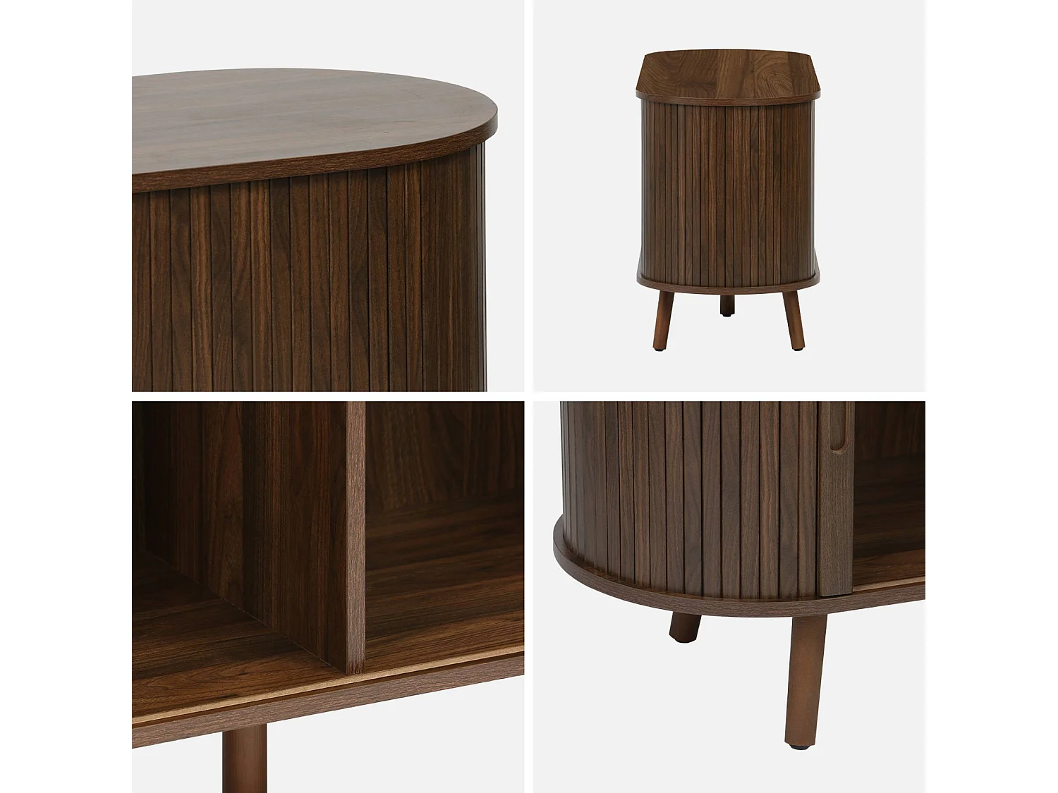 Meuble TV scandinave 2 portes coulissantes. 4 compartiments. décor bois rainuré noyer. L120 x 40 x 57 cm