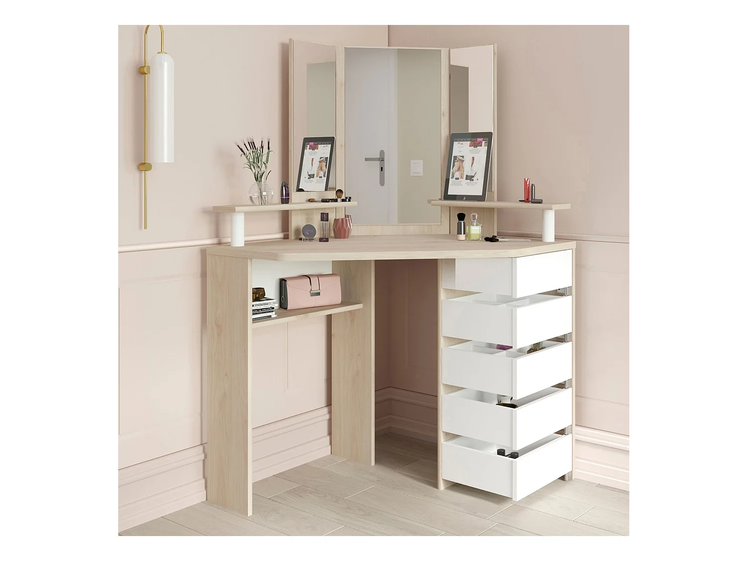 Coiffeuse d'angle avec miroirs et rangements bois naturel