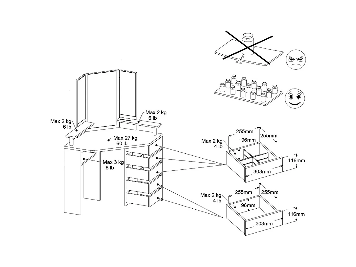 Coiffeuse d'angle avec miroirs et rangements bois naturel