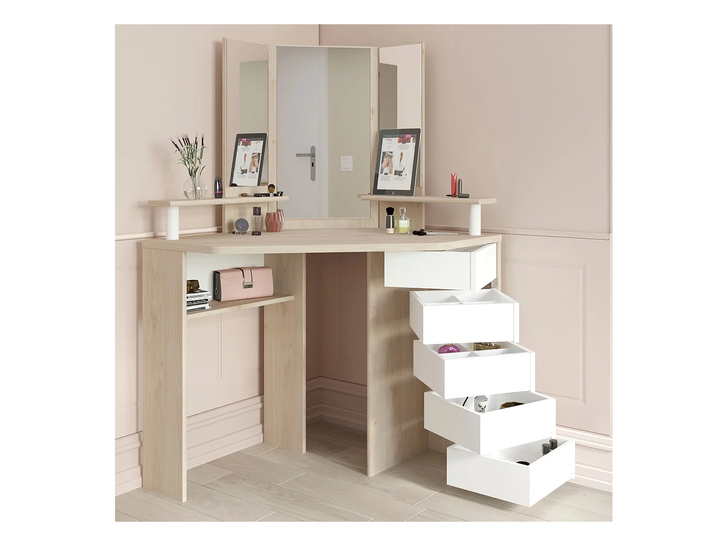 Coiffeuse d'angle avec miroirs et rangements bois naturel