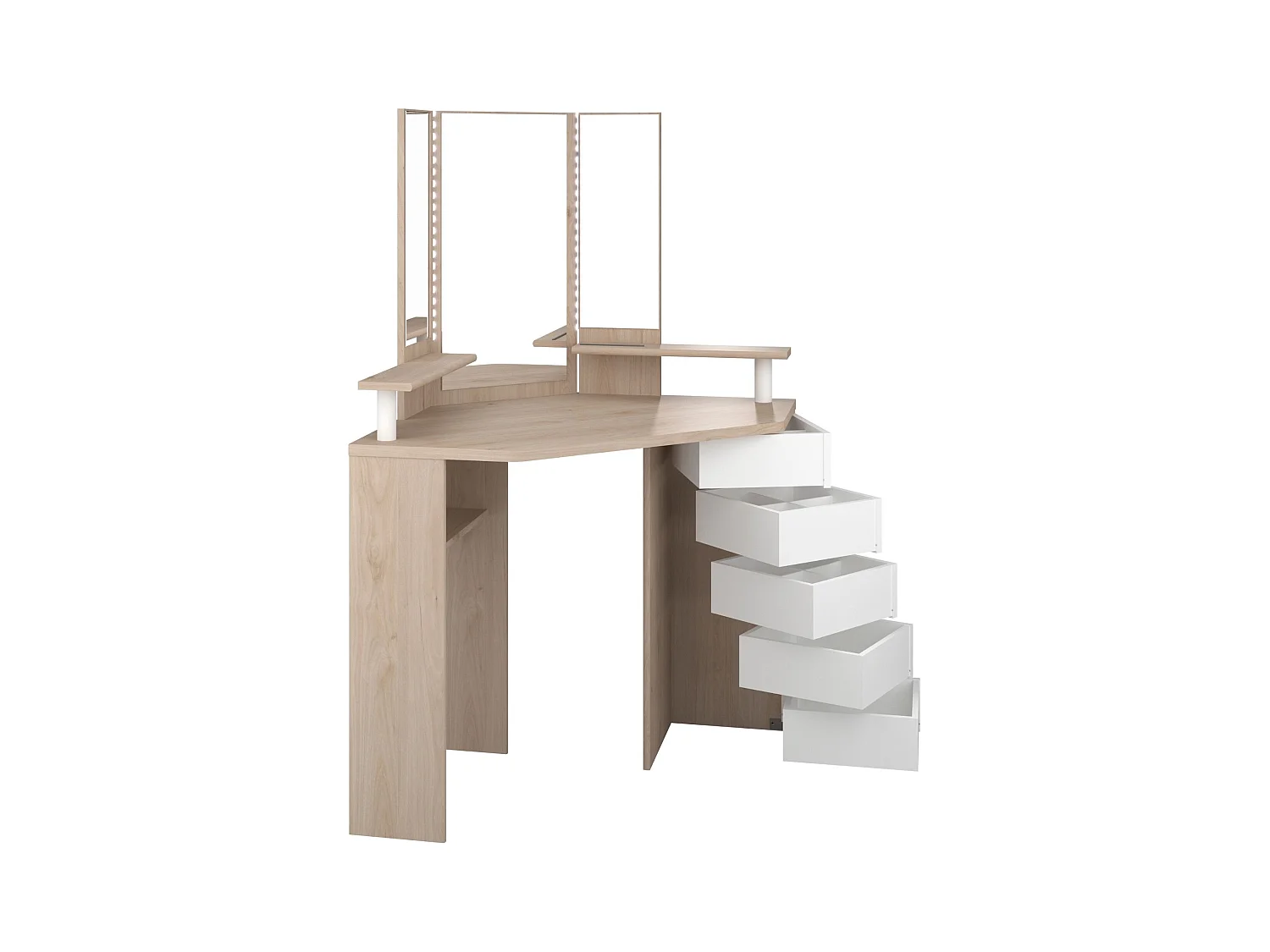 Coiffeuse d'angle avec miroirs et rangements bois naturel