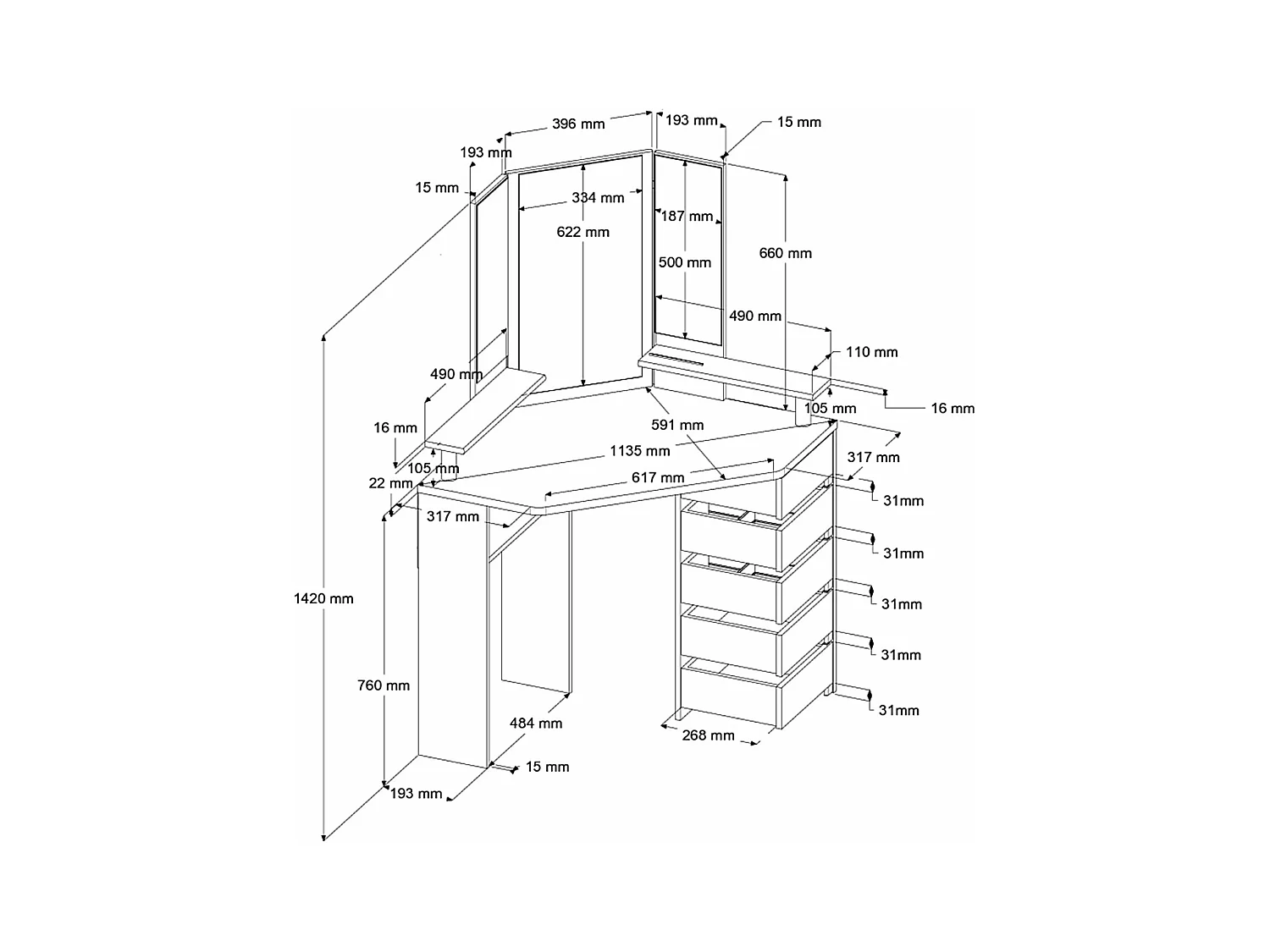 Coiffeuse d'angle avec miroirs et rangements bois naturel
