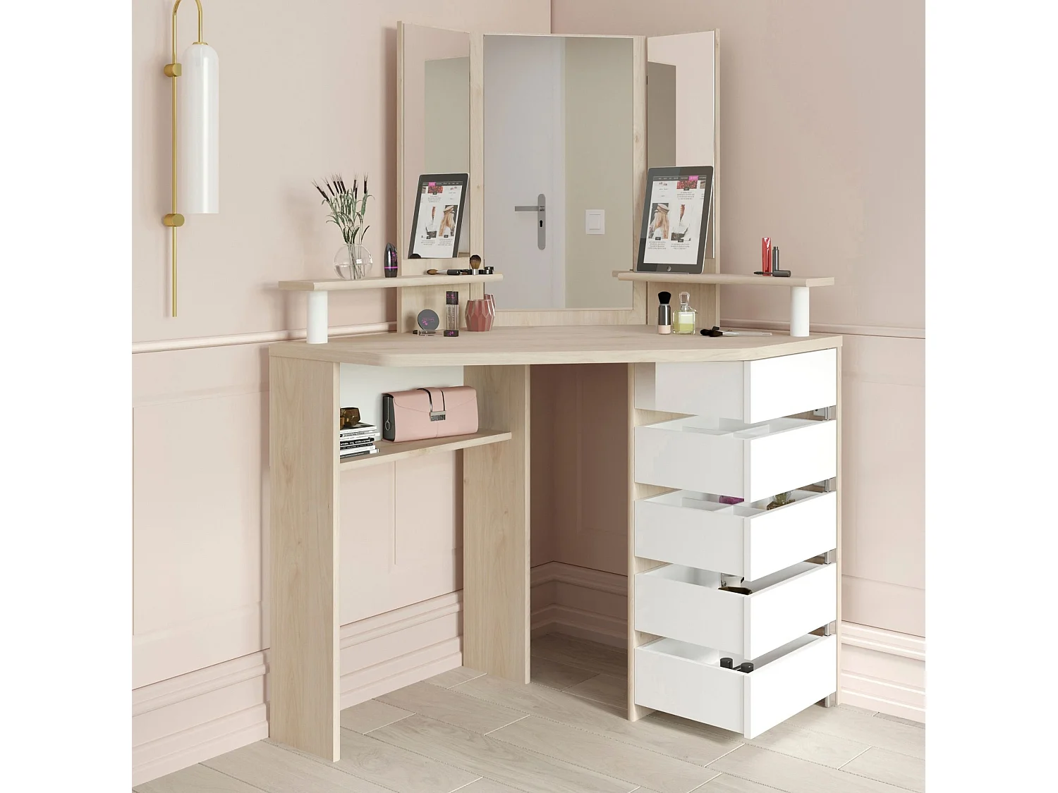 Coiffeuse d'angle avec miroirs et rangements bois naturel