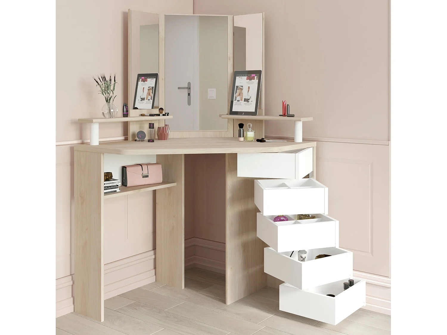 Coiffeuse d'angle avec miroirs et rangements bois naturel