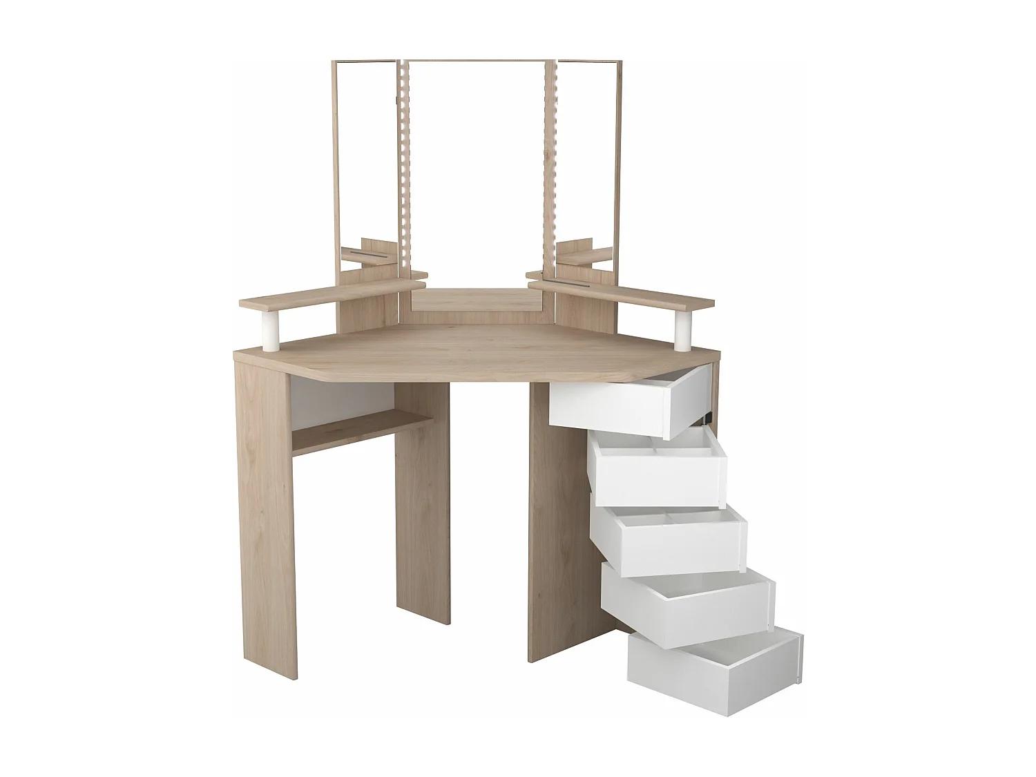 Coiffeuse d'angle avec miroirs et rangements bois naturel