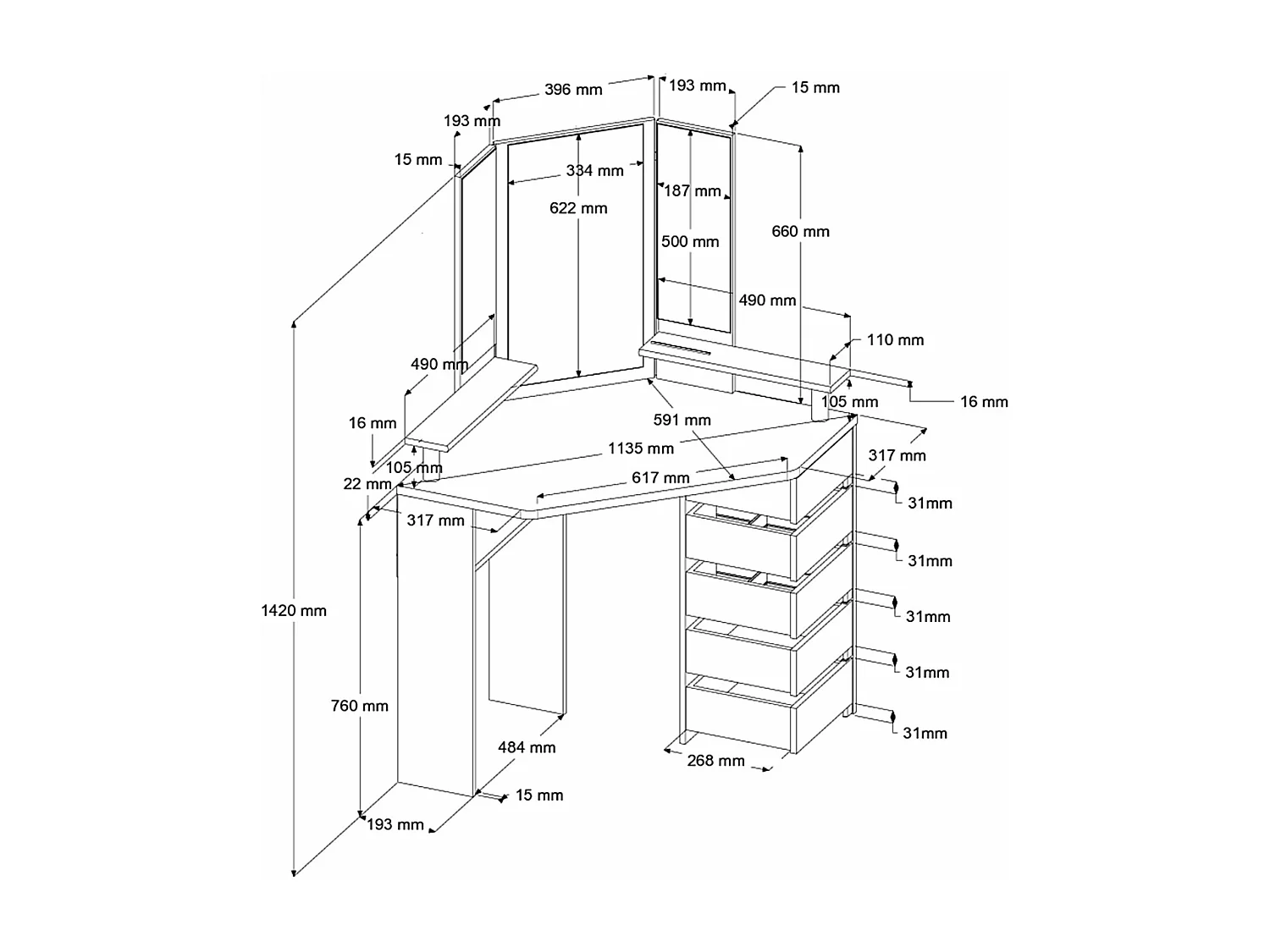 Coiffeuse d'angle avec miroirs et rangements bois naturel