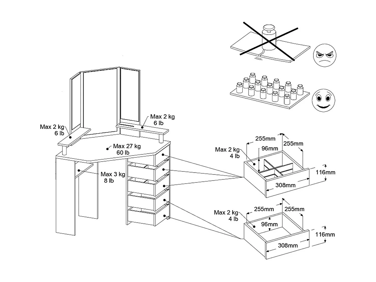 Coiffeuse d'angle avec miroirs et rangements bois naturel