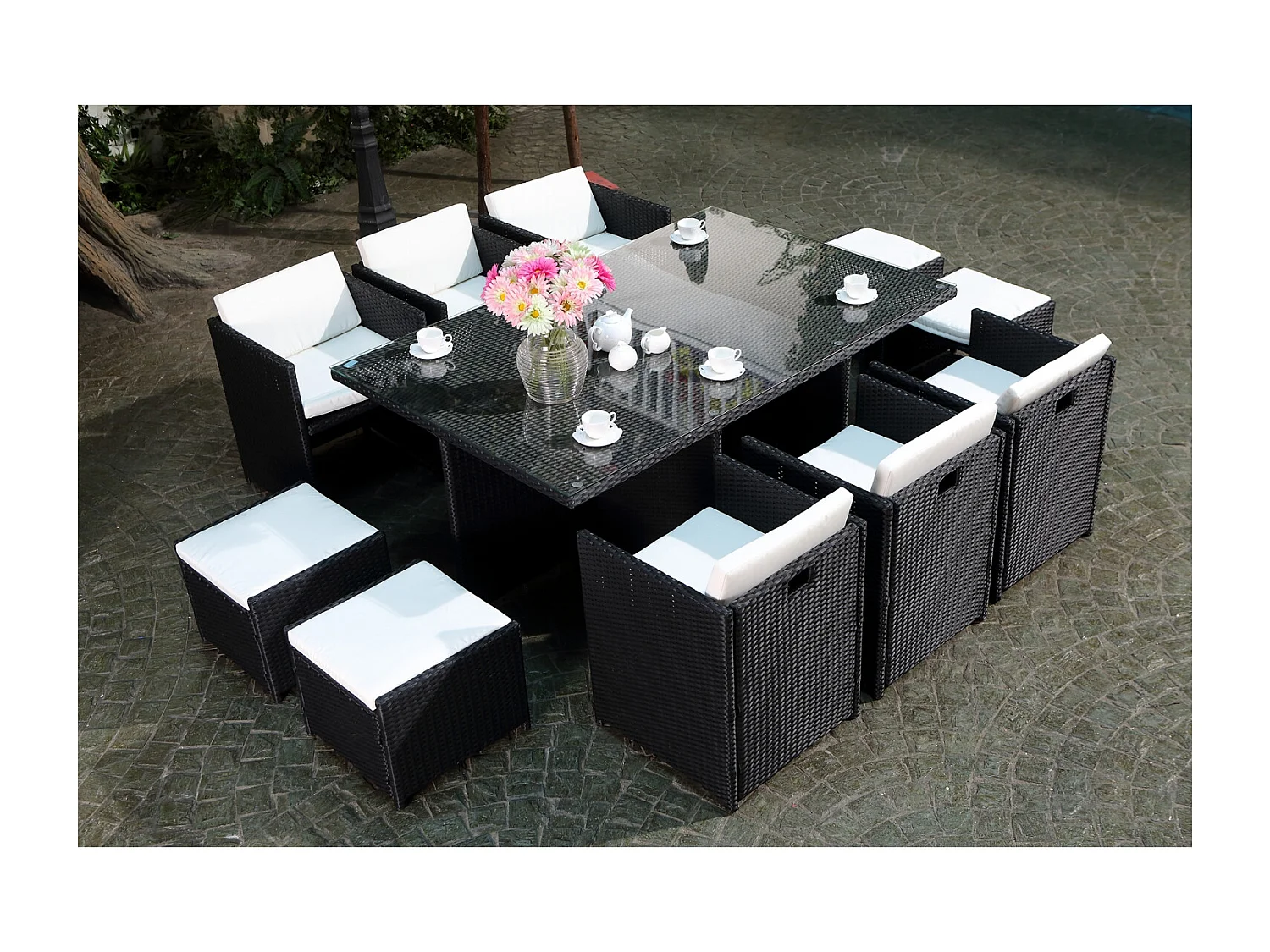 Loungeset Miami 10 zwart/wit + beschermhoes van gevlochten kunsthars met metalen frame en waterdichte kussens