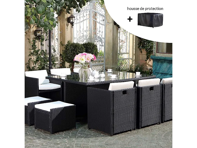 Loungeset Miami 10 zwart/wit + beschermhoes van gevlochten kunsthars met metalen frame en waterdichte kussens