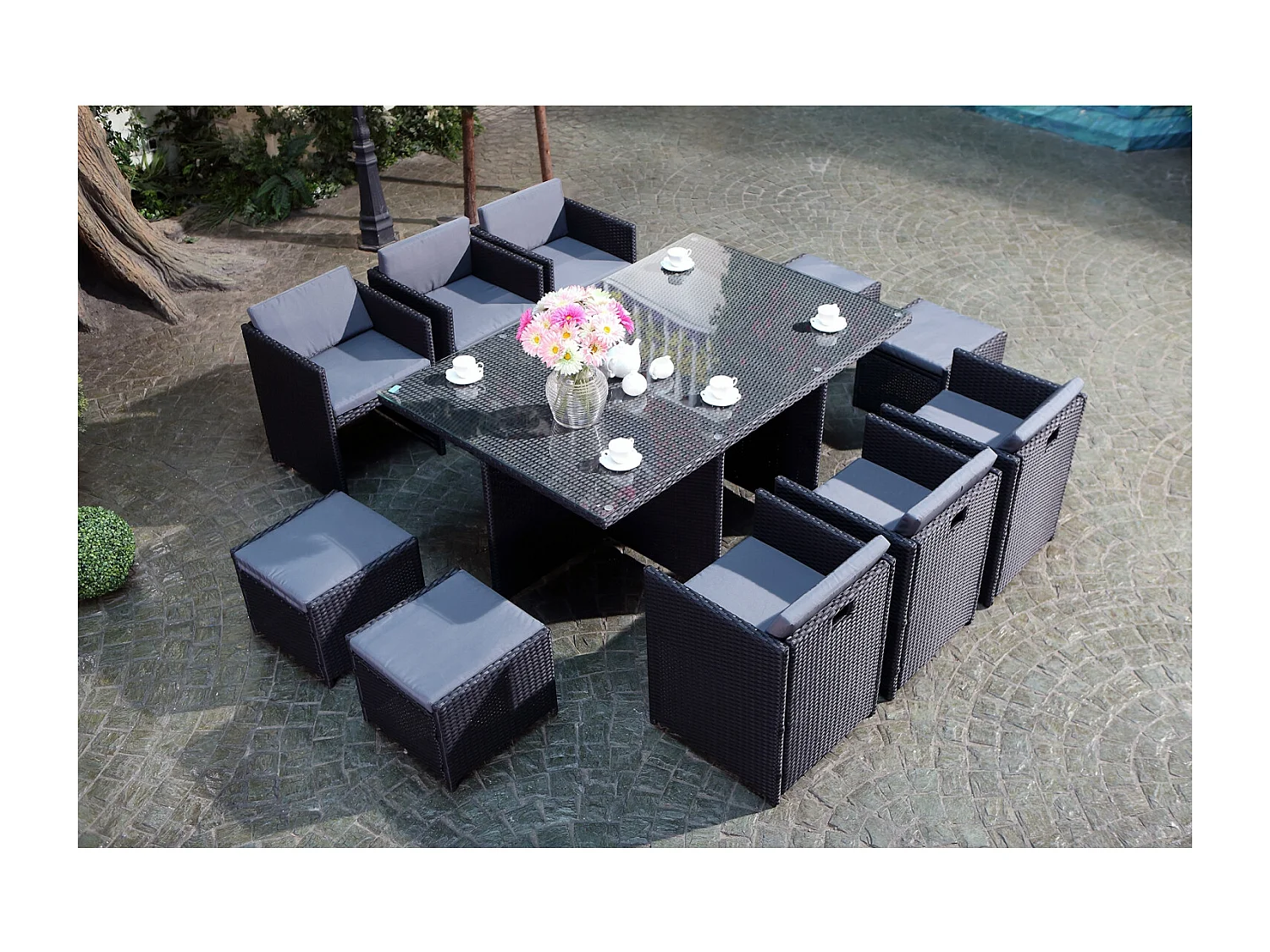 Loungeset Miami 10 zwart/grijs + beschermhoes van gevlochten kunststof en metaal