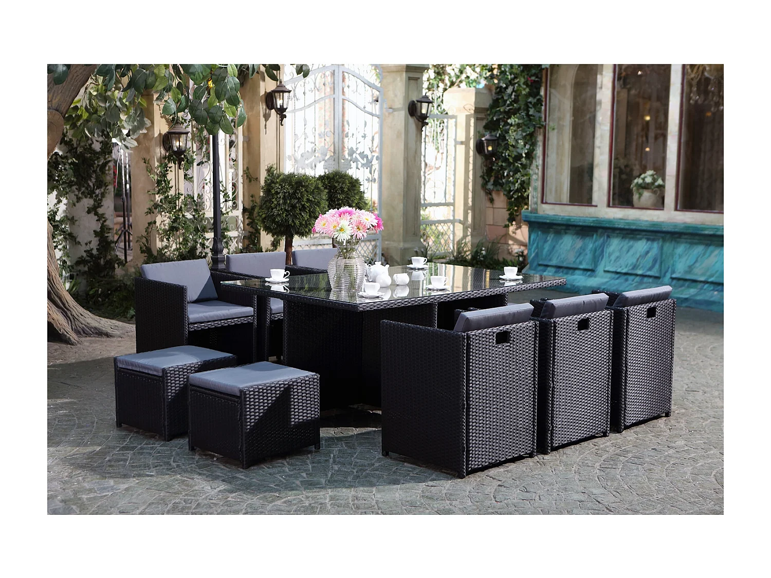 Loungeset Miami 10 zwart/grijs + beschermhoes van gevlochten kunststof en metaal