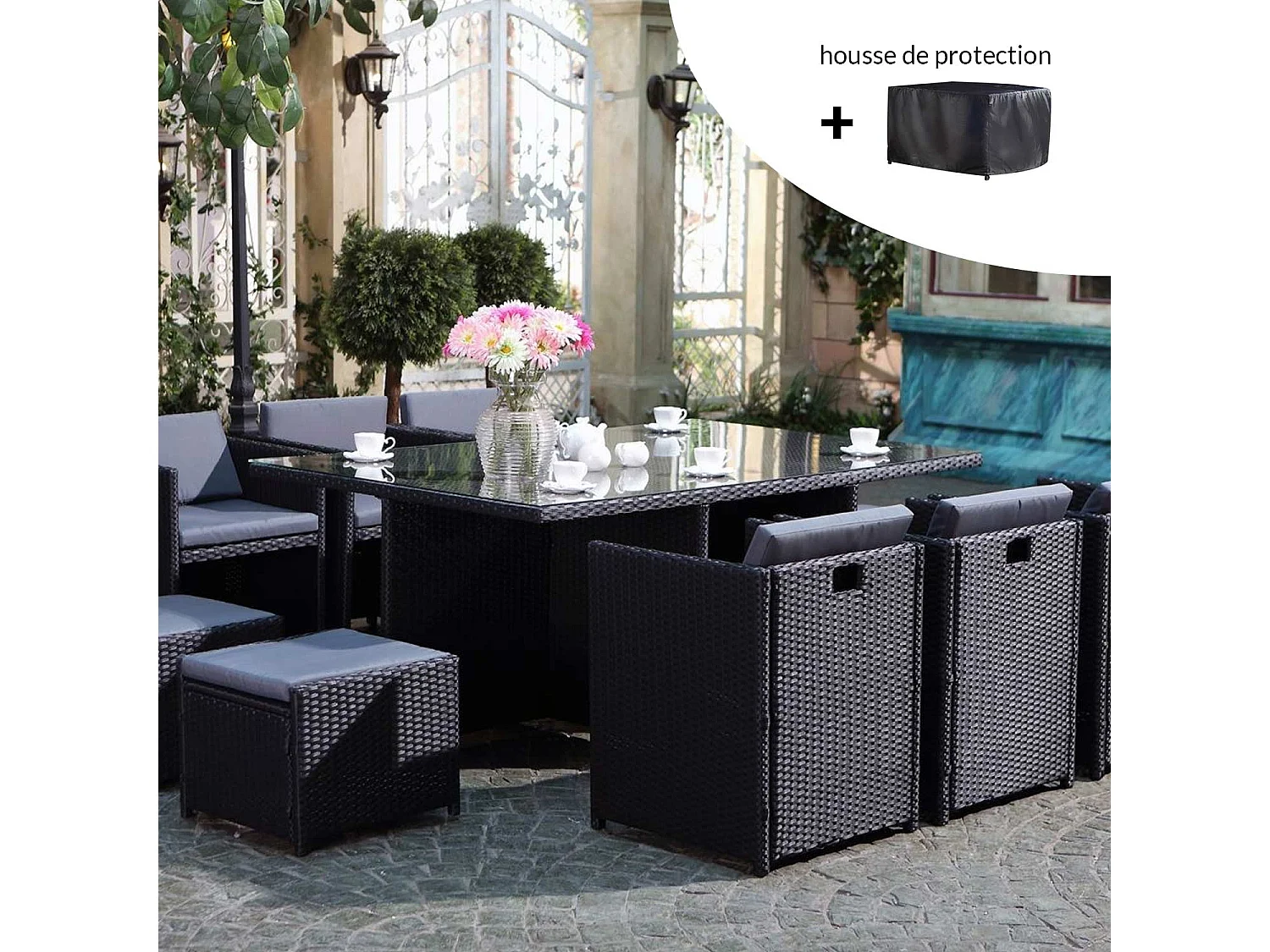 MIAMI - Salon de jardin 10 places noir-gris + housse de protection MIAMI