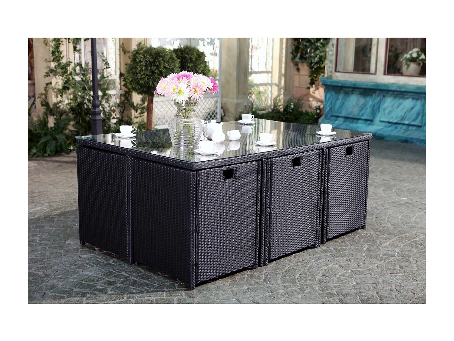 MIAMI - Salon de jardin 10 places noir-gris + housse de protection MIAMI