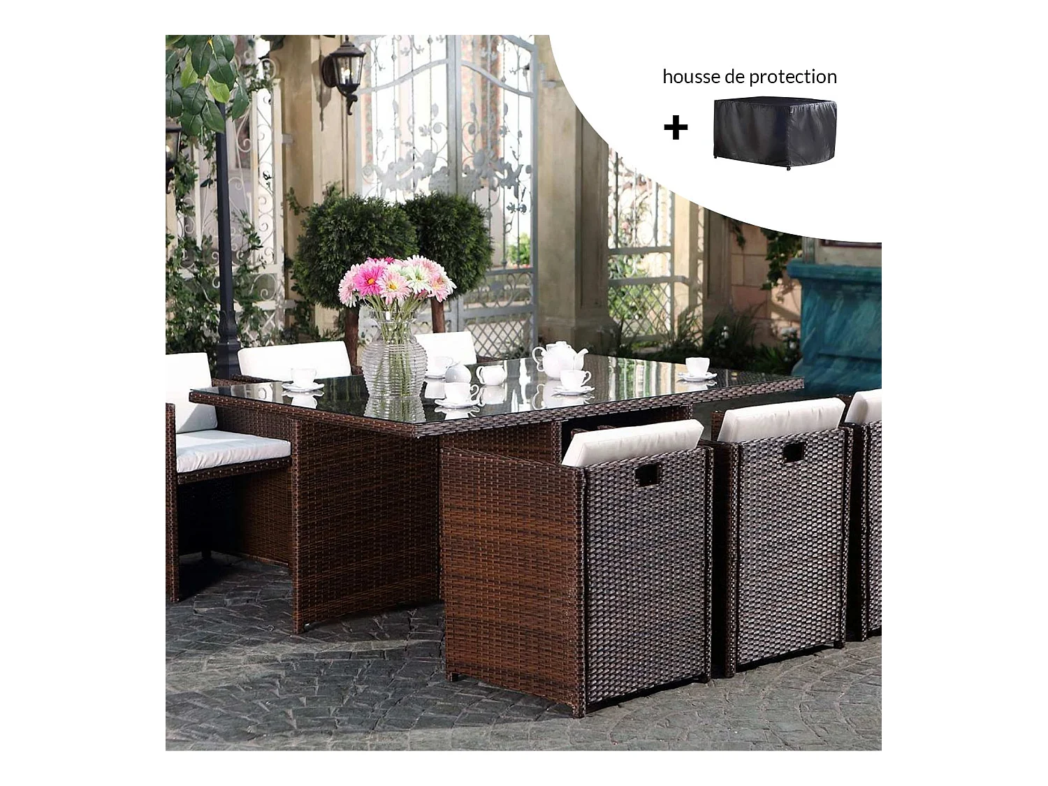 Conjunto de jardín Miami 6 Marrón/Blanco + Funda de Protección Ratán Estructura Metálica