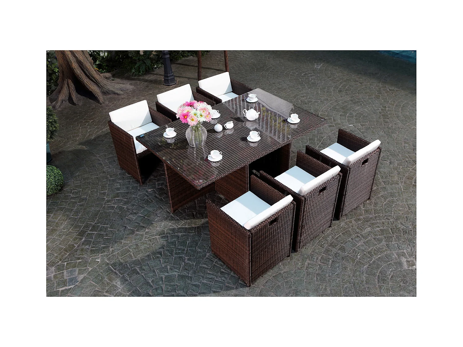 Conjunto de jardín Miami 6 Marrón/Blanco + Funda de Protección Ratán Estructura Metálica