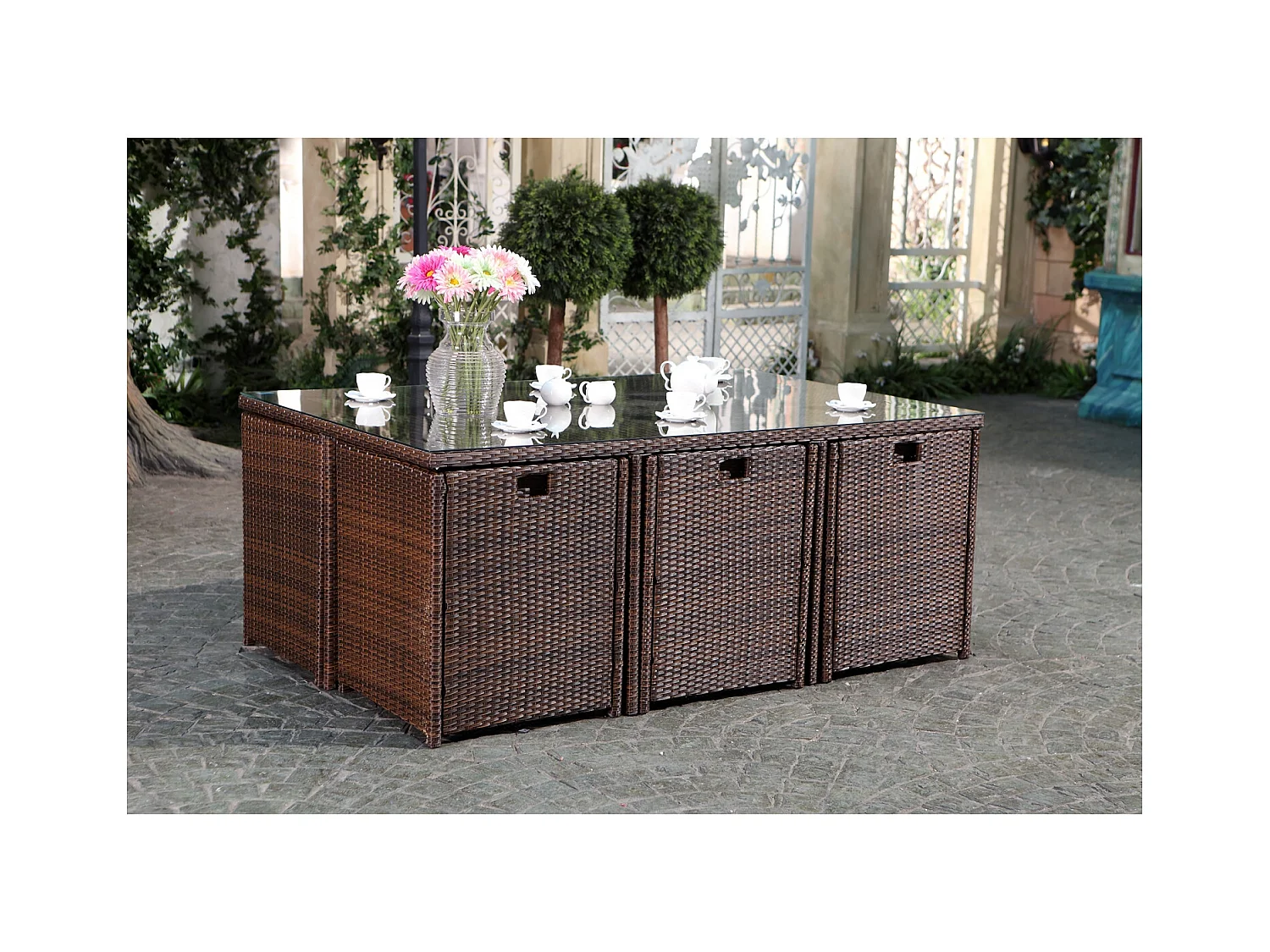 Conjunto de jardín Miami 6 Marrón/Blanco + Funda de Protección Ratán Estructura Metálica