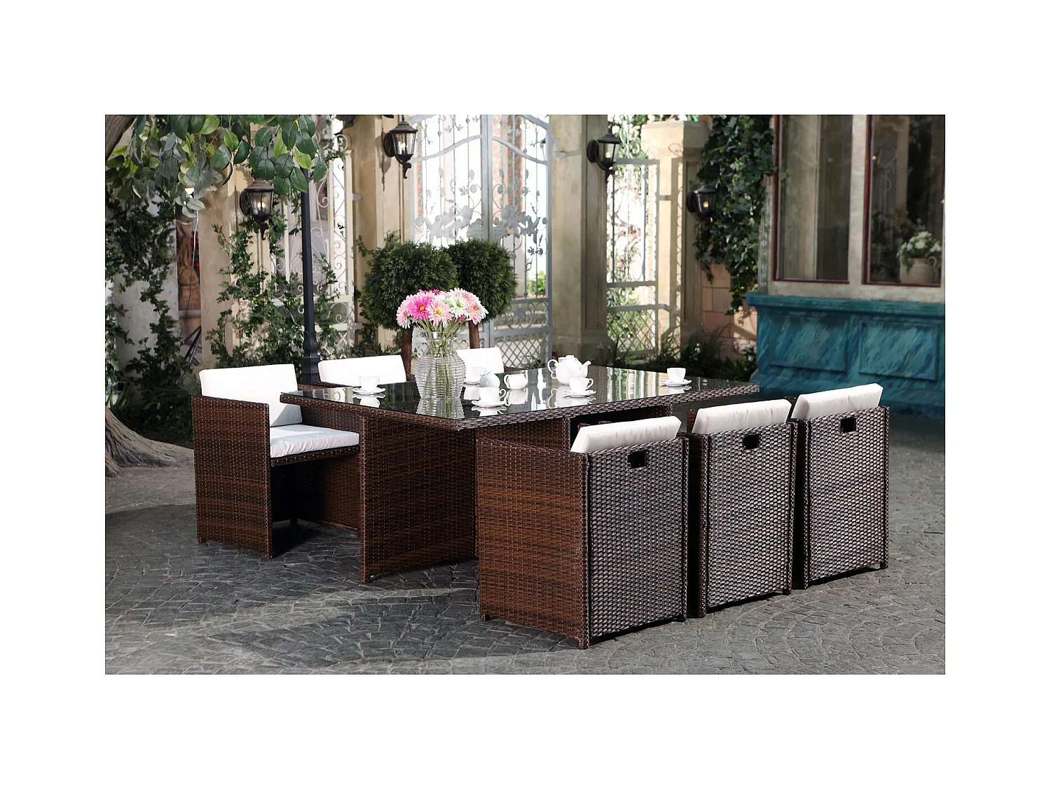 Conjunto de jardín Miami 6 Marrón/Blanco + Funda de Protección Ratán Estructura Metálica