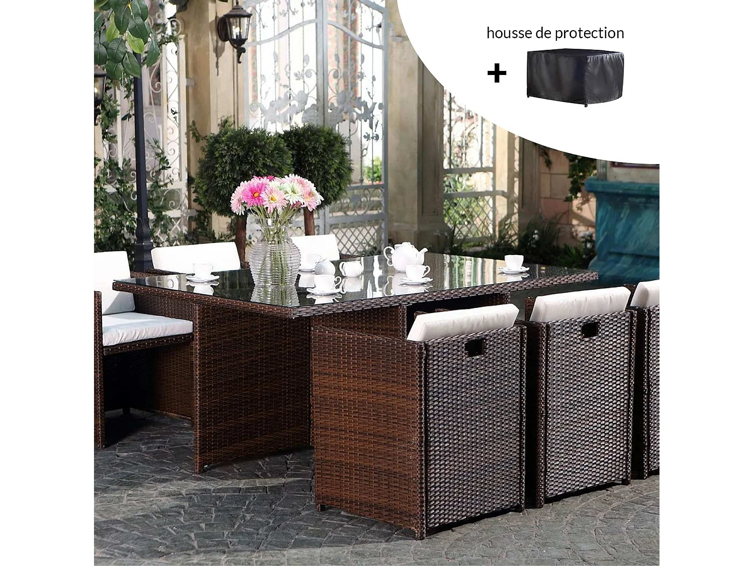 Conjunto de jardín Miami 6 Marrón/Blanco + Funda de Protección Ratán Estructura Metálica