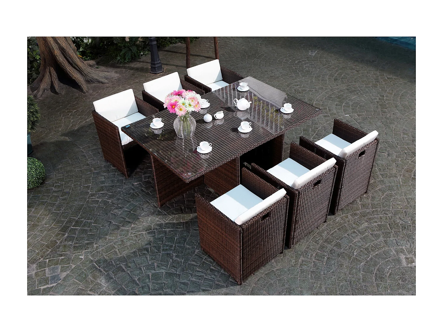 Conjunto de jardín Miami 6 Marrón/Blanco + Funda de Protección Ratán Estructura Metálica