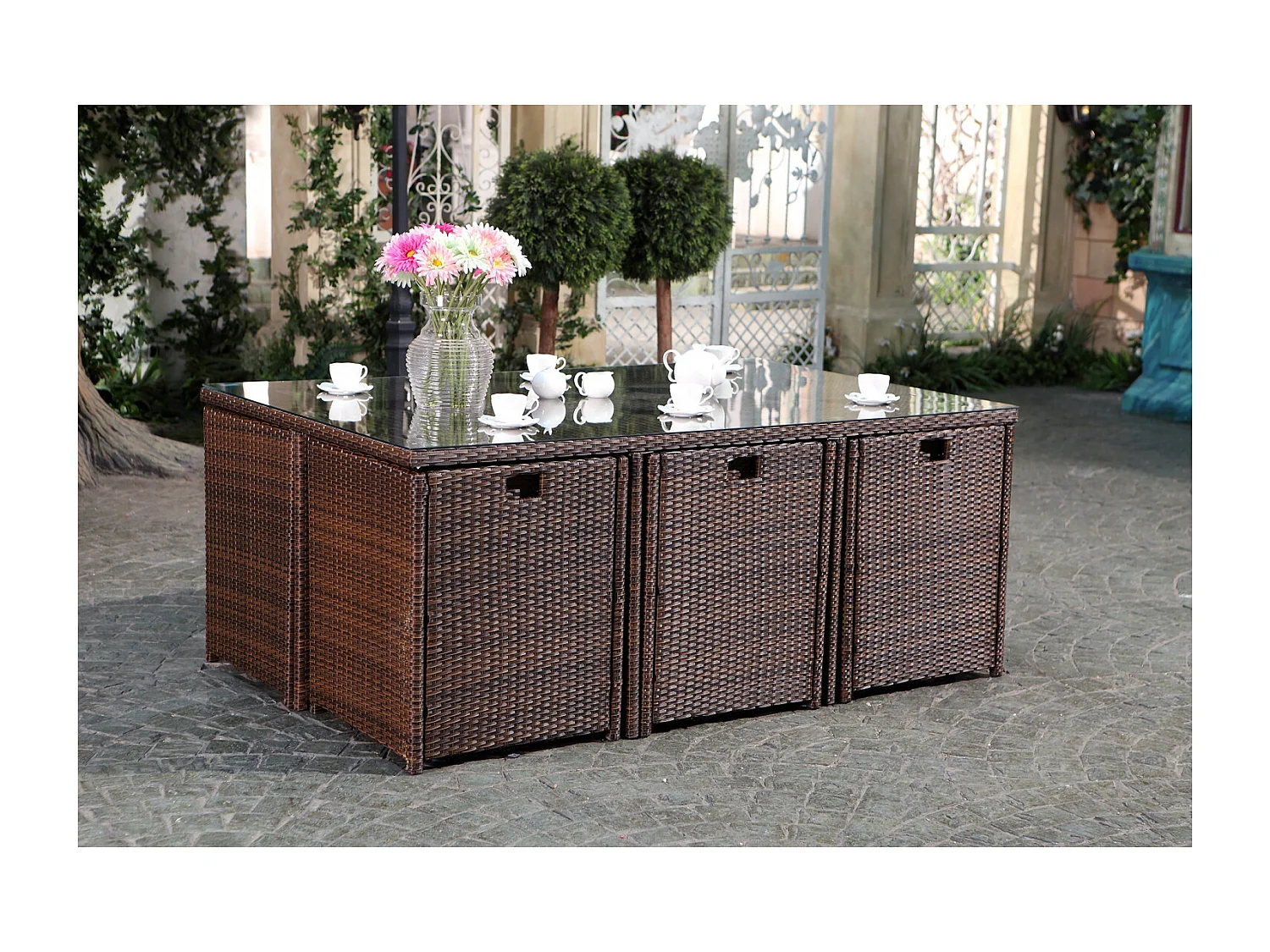 Conjunto de jardín Miami 6 Marrón/Blanco + Funda de Protección Ratán Estructura Metálica