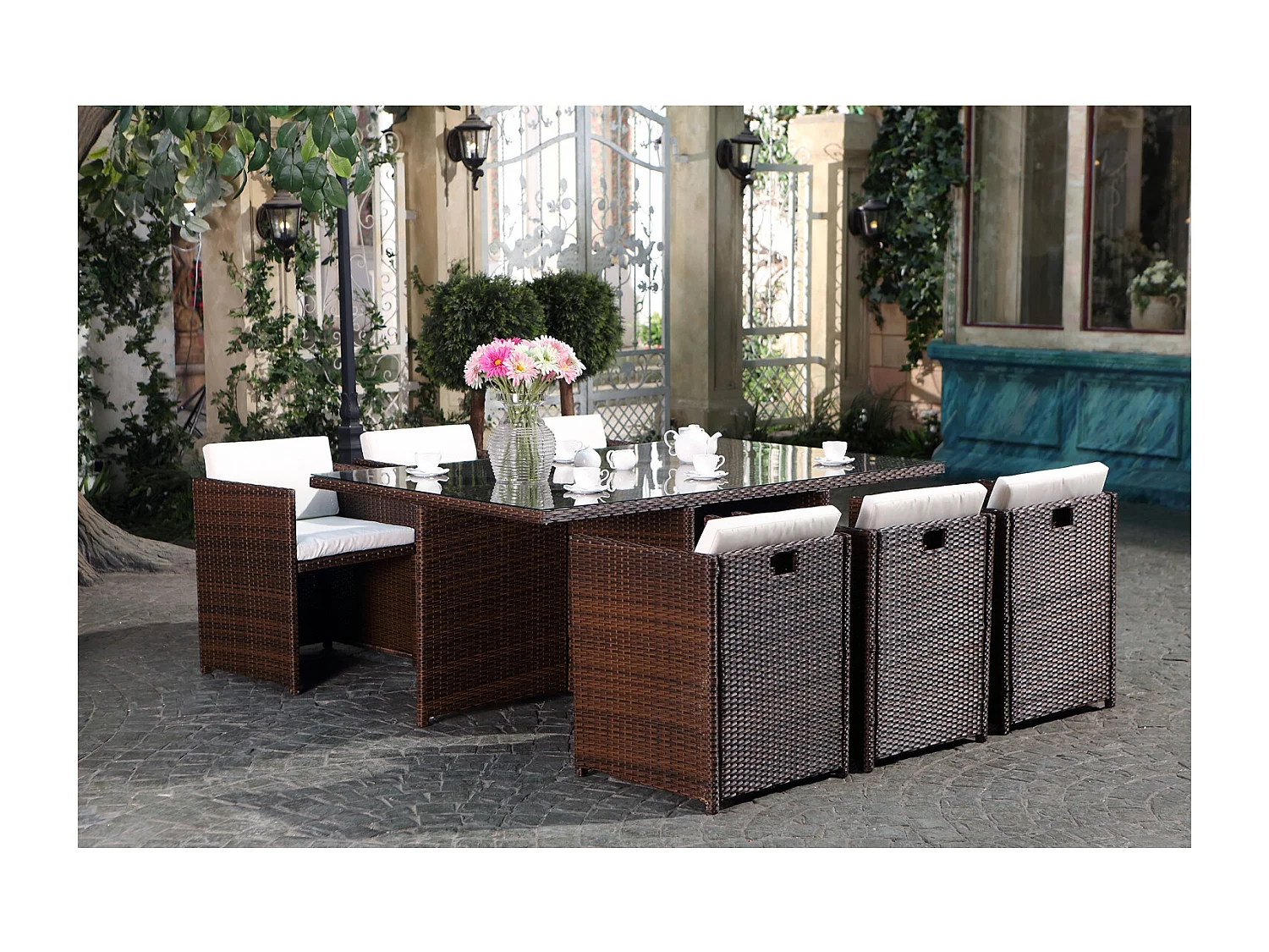 Conjunto de jardín Miami 6 Marrón/Blanco + Funda de Protección Ratán Estructura Metálica
