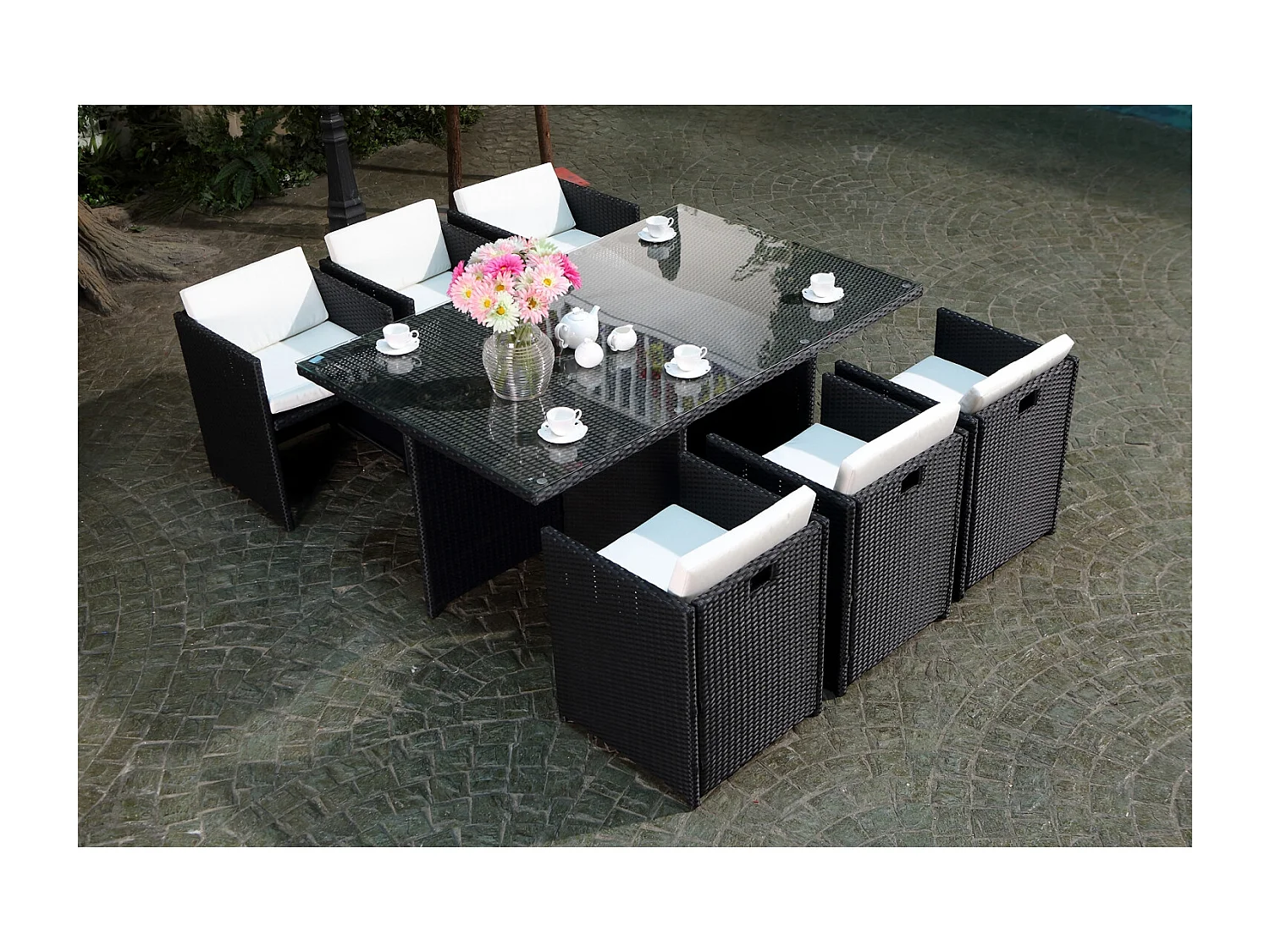 Loungeset Miami 6 zwart/wit + beschermhoes