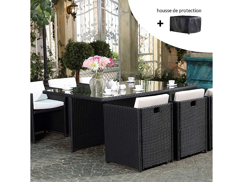 Loungeset Miami 6 zwart/wit + beschermhoes