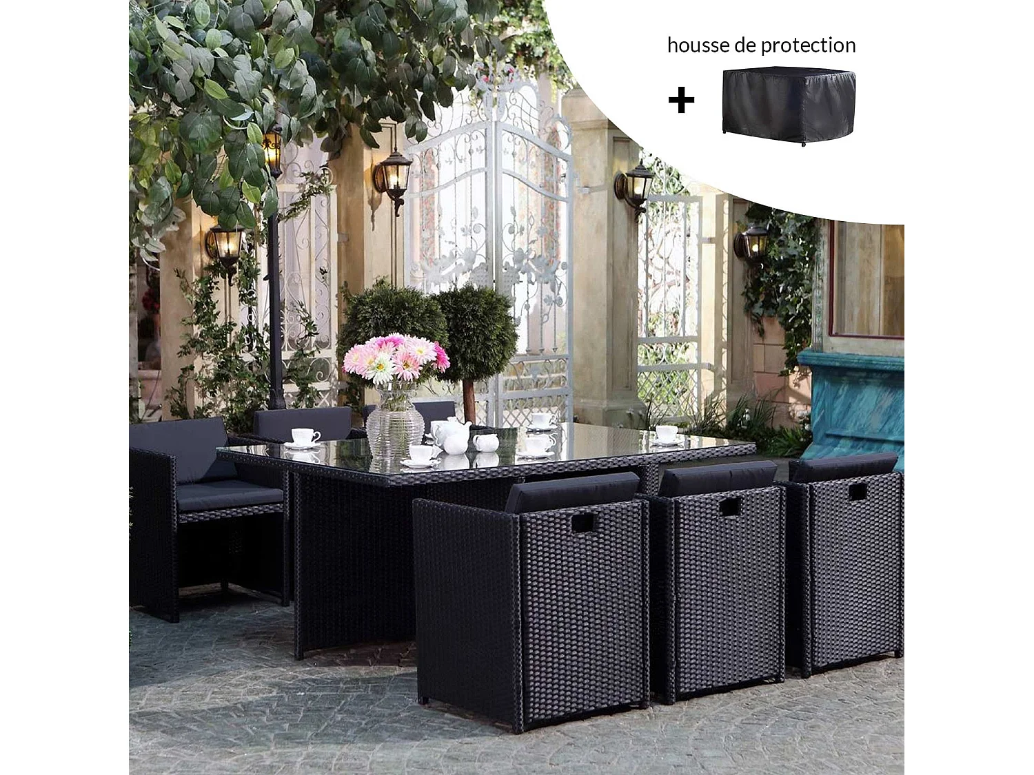 Loungeset Miami 6 Zwart/Zwart + Beschermhoes