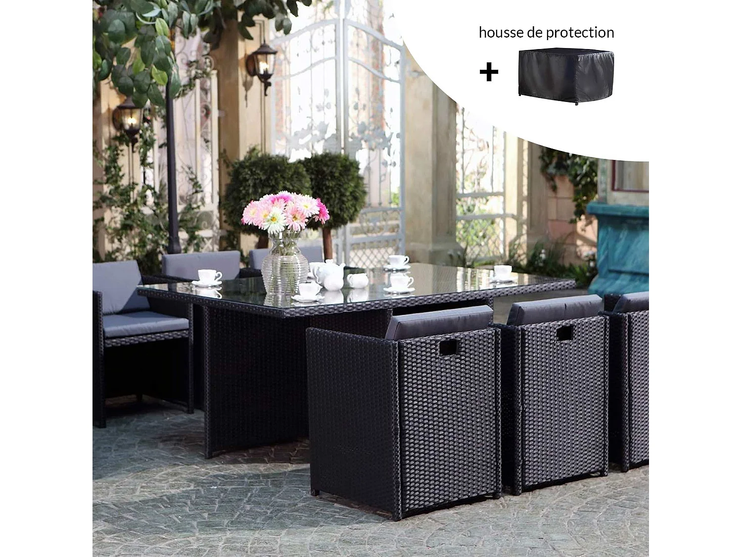 MIAMI - Salon de jardin 6 places noir-gris + housse de protection MIAMI